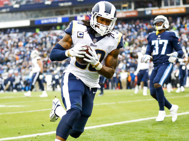 NASHVILLE, TN - DECEMBER 24: Running Back Todd Gurley II #30 of the Los Angeles Rams scores against the Tennessee Titans at Nissan Stadium on December 24, 2017 in Nashville, Tennessee.