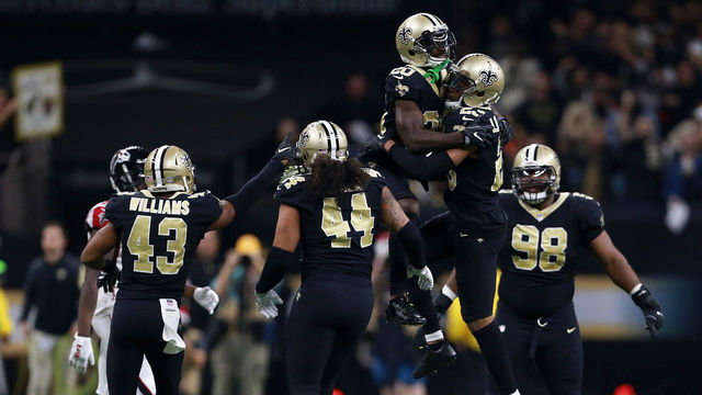 NEW ORLEANS, LA - DECEMBER 24: Marshon Lattimore #23 of the New Orleans Saints celebrates his interception with teammates during the first half of a game against the Atlanta Falcons at the Mercedes-Benz Superdome on December 24, 2017 in New Orleans, Louisiana.
