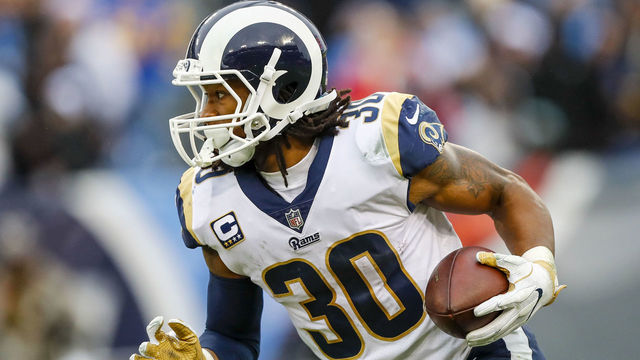 NASHVILLE, TN - DECEMBER 24: Running Back Todd Gurley II #30 of the Los Angeles Rams carries the ball against the Tennessee Titians at Nissan Stadium on December 24, 2017 in Nashville, Tennessee.