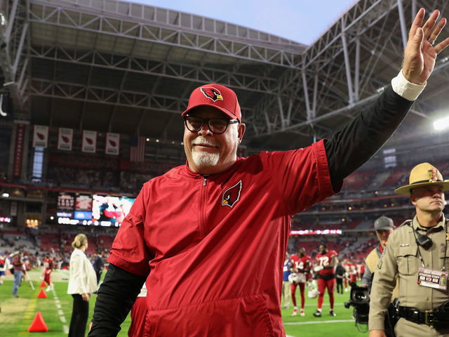 GLENDALE, AZ - DECEMBER 24: Head coach Bruce Arians of the Arizona Cardinals waves to fans as he walks off the field following the NFL game against the New York Giants at the University of Phoenix Stadium on December 24, 2017 in Glendale, Arizona. The Arizona Cardinals won 23-0.