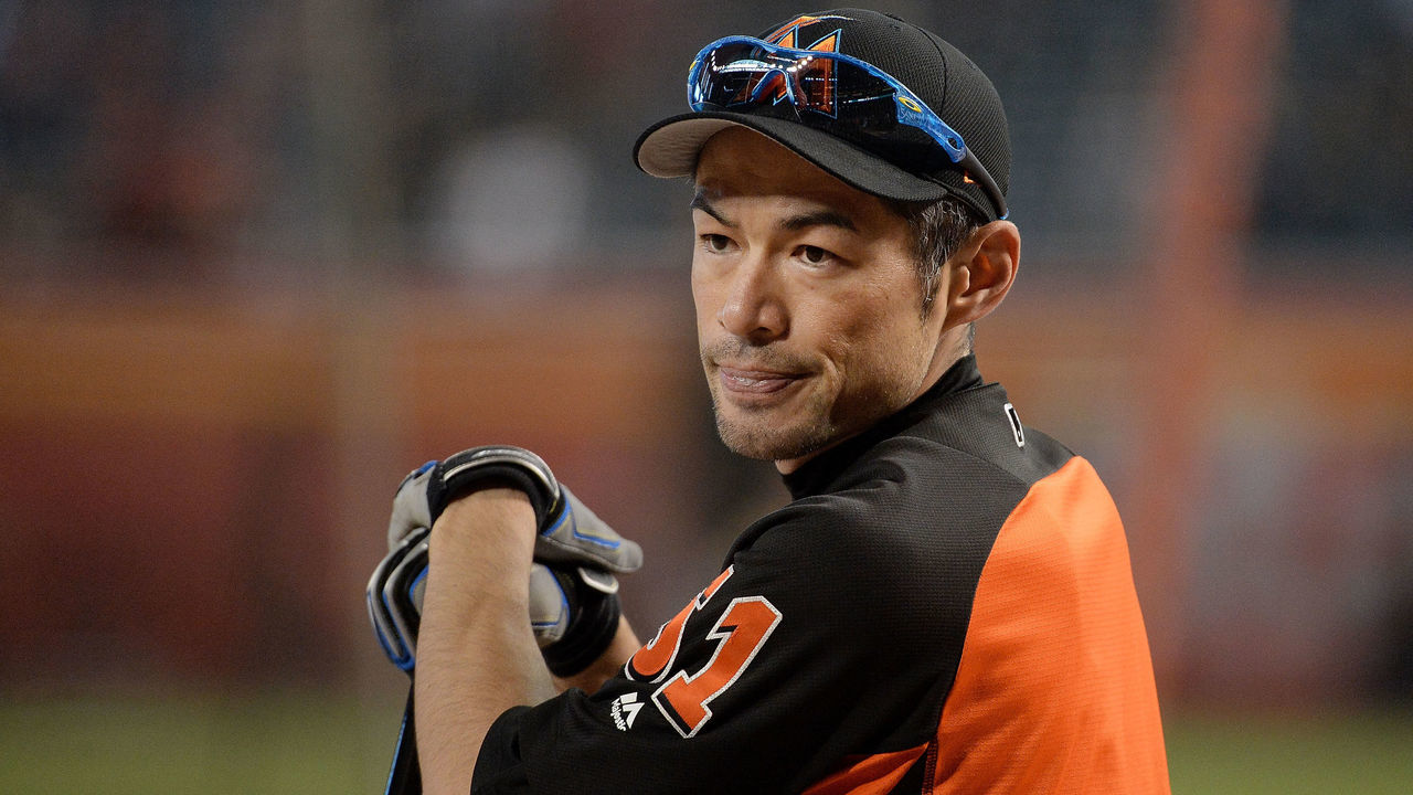 PHOENIX, AZ - SEPTEMBER 23: Ichiro Suzuki #51 of the Miami Marlins warms up for the MLB game against the Arizona Diamondbacks at Chase Field on September 23, 2017 in Phoenix, Arizona.