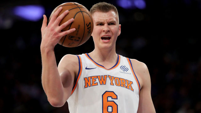 NEW YORK, NY - DECEMBER 21: Kristaps Porzingis #6 of the New York Knicks reacts in the third quarter against the Boston Celtics during their game at Madison Square Garden on December 21, 2017 in New York City.