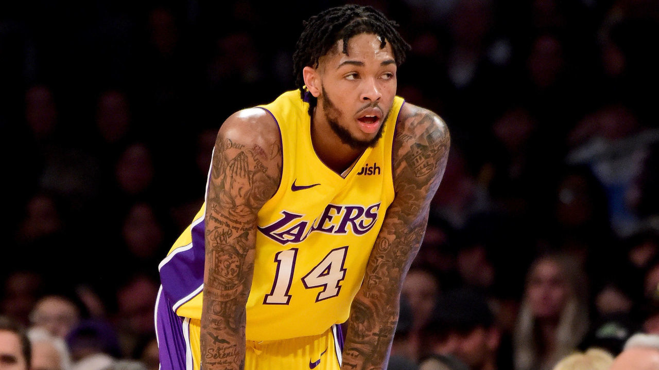 LOS ANGELES, CA - DECEMBER 18: Brandon Ingram #14 of the Los Angeles Lakers looks on in the first quarter against the Golden State Warriors at Staples Center on December 18, 2017 in Los Angeles, California.