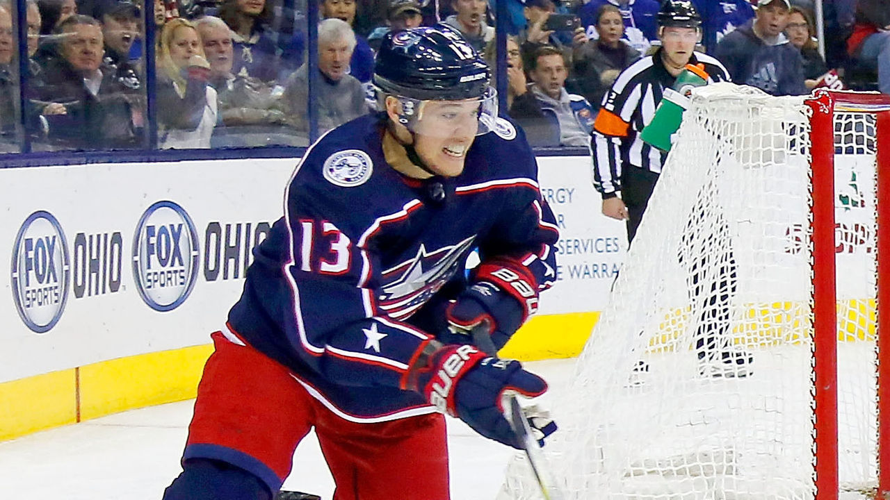 COLUMBUS, OH - DECEMBER 20: Cam Atkinson #13 of the Columbus Blue Jackets controls the puck during the game against the Toronto Maple Leafs on December 20, 2017 at Nationwide Arena in Columbus, Ohio.