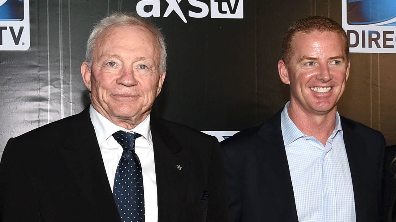 GLENDALE, AZ - JANUARY 31: (L-R) Eugenia Jones, Owner, President and General Manager of the Dallas Cowboys Jerry Jones, Cowboys head coach Jason Garrett and Brill Garrett attend DirecTV Super Saturday Night hosted by Mark Cuban's AXS TV and Pro Football Hall of Famer Michael Strahan at Pendergast Family Farm on January 31, 2015 in Glendale, Arizona.