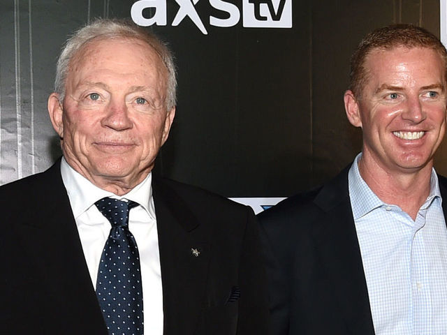 GLENDALE, AZ - JANUARY 31: (L-R) Eugenia Jones, Owner, President and General Manager of the Dallas Cowboys Jerry Jones, Cowboys head coach Jason Garrett and Brill Garrett attend DirecTV Super Saturday Night hosted by Mark Cuban's AXS TV and Pro Football Hall of Famer Michael Strahan at Pendergast Family Farm on January 31, 2015 in Glendale, Arizona.
