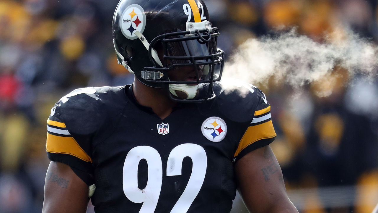 PITTSBURGH, PA - JANUARY 08: James Harrison #92 of the Pittsburgh Steelers is seen on the field after a play during the first quarter against the Miami Dolphins in the AFC Wild Card game at Heinz Field on January 8, 2017 in Pittsburgh, Pennsylvania.