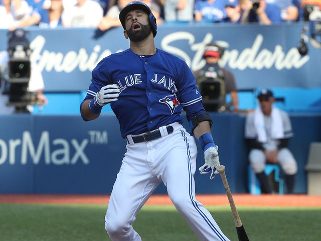 TORONTO, ON - SEPTEMBER 23: Jose Bautista #19 of the Toronto Blue Jays reacts as he grounds out in the third inning during MLB game action against the New York Yankees at Rogers Centre on September 23, 2017 in Toronto, Canada.