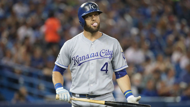 TORONTO, ON - SEPTEMBER 19: Alex Gordon #4 of the Kansas City Royals reacts after striking out in the fifth inning during MLB game action against the Toronto Blue Jays at Rogers Centre on September 19, 2017 in Toronto, Canada.