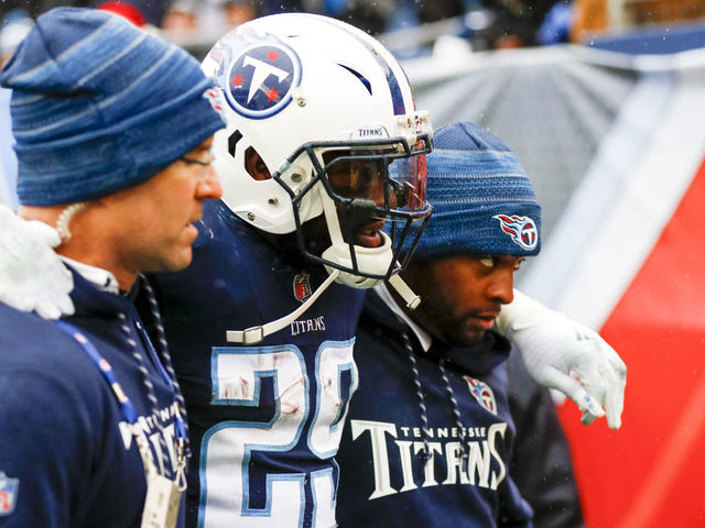 NASHVILLE, TN - DECEMBER 24: Running Back DeMarco Murray #29 of the Tennessee Titans is helped off the field during a game against the Los Angeles Rams at Nissan Stadium on December 24, 2017 in Nashville, Tennessee.