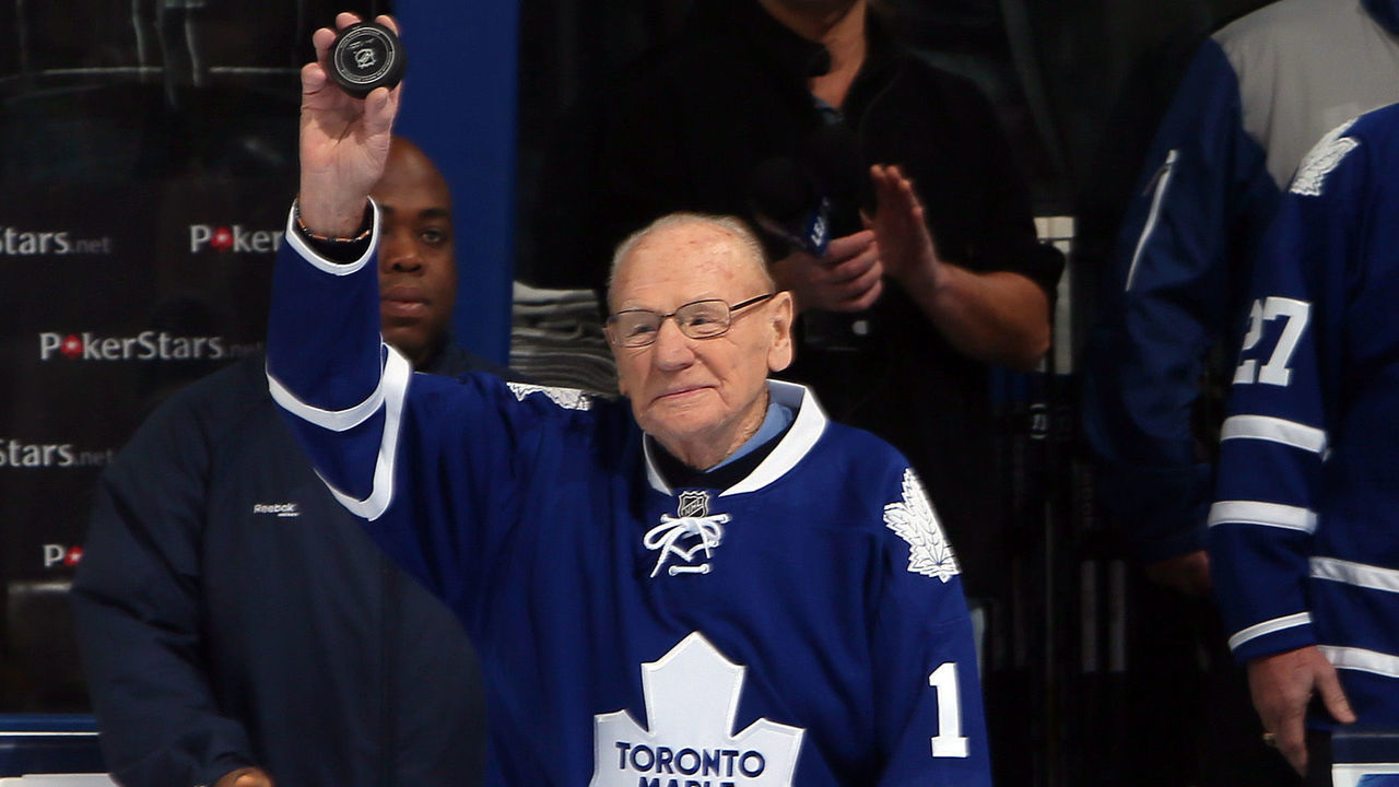 TORONTO, CANADA - JANUARY 21: Johnny Bower walks onto the ice before NHL action at the Air Canada Centre January 21, 2013 in Toronto, Ontario, Canada.