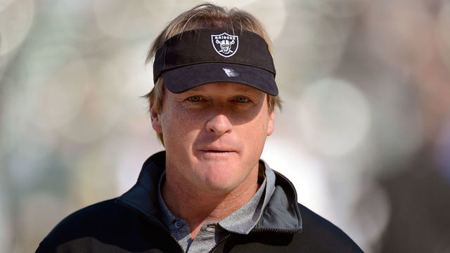 OAKLAND, CA - NOVEMBER 18: Former head coach of the Oakland Raiders and now ESPN Monday Night Football Analyst Jon Gruden looks on during pre-game warm ups before an NFL football game between the New Orleans Saints and Oakland Raiders at O.co Coliseum on November 18, 2012 in Oakland, California.