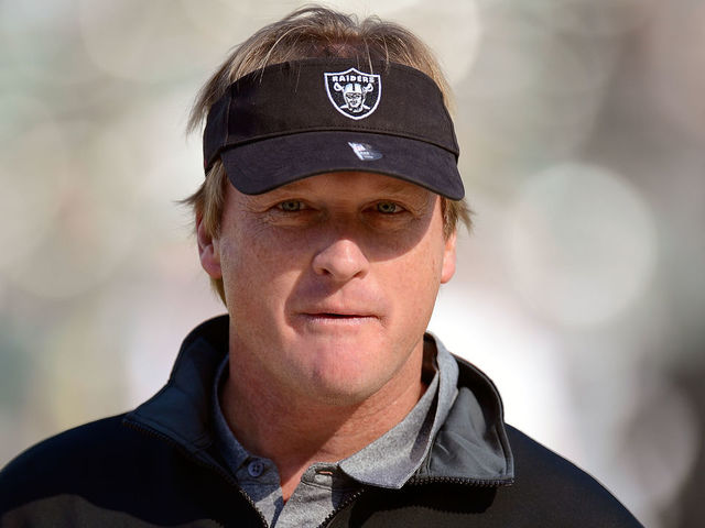 OAKLAND, CA - NOVEMBER 18: Former head coach of the Oakland Raiders and now ESPN Monday Night Football Analyst Jon Gruden looks on during pre-game warm ups before an NFL football game between the New Orleans Saints and Oakland Raiders at O.co Coliseum on November 18, 2012 in Oakland, California.