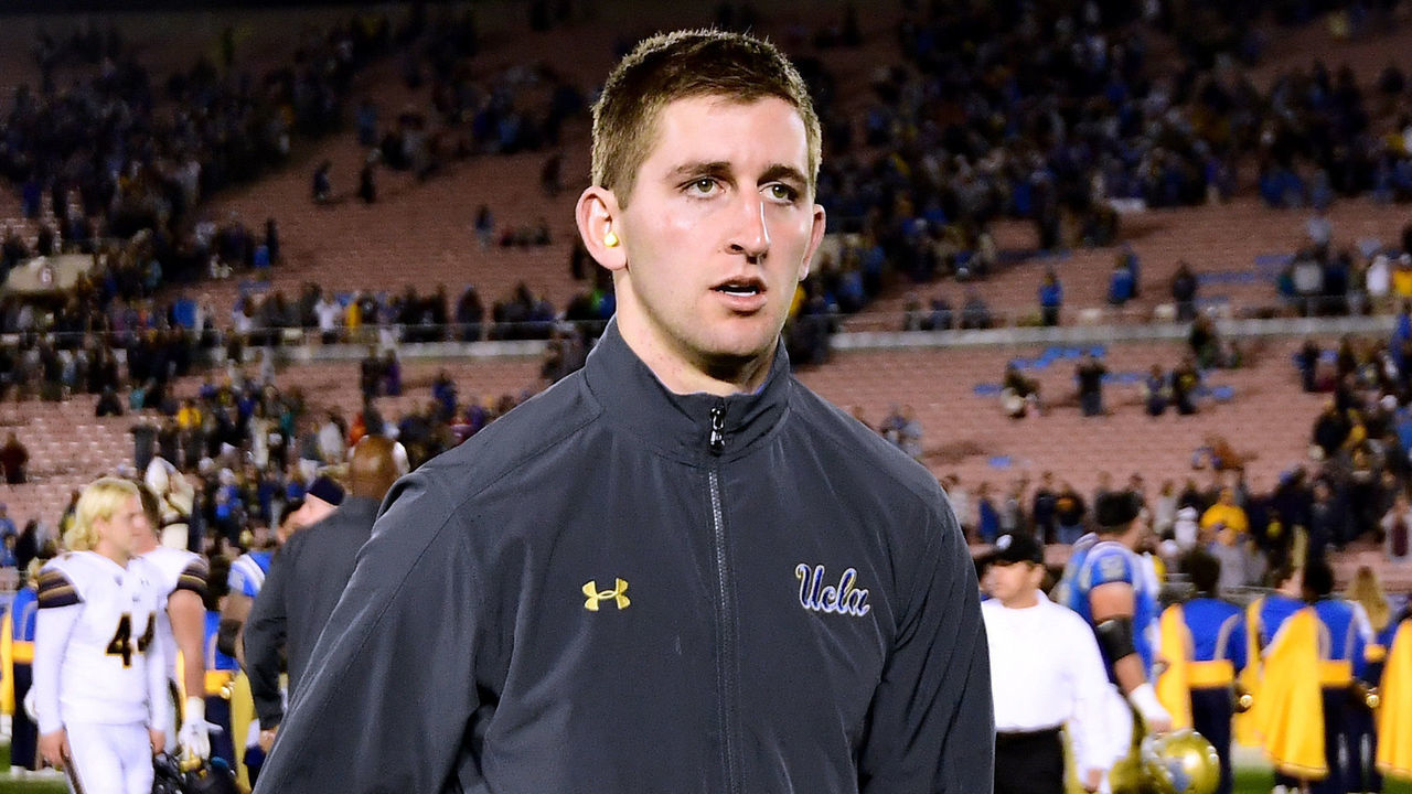 PASADENA, CA - NOVEMBER 24: Josh Rosen #3 of the UCLA Bruins leaves the field after sitting out the second half against the California Golden Bears at Rose Bowl on November 24, 2017 in Pasadena, California. UCLA won 30-27.