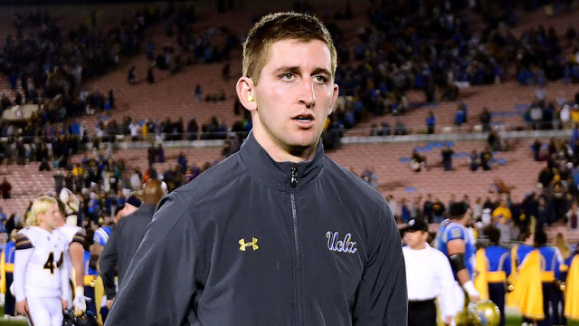 PASADENA, CA - NOVEMBER 24: Josh Rosen #3 of the UCLA Bruins leaves the field after sitting out the second half against the California Golden Bears at Rose Bowl on November 24, 2017 in Pasadena, California. UCLA won 30-27.