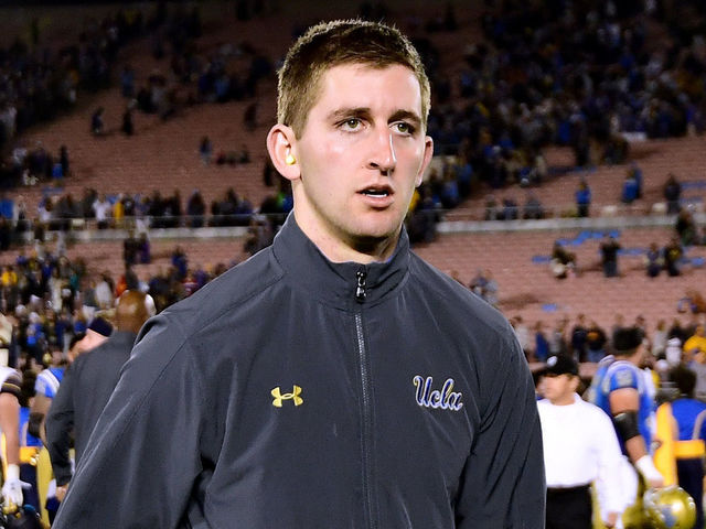 PASADENA, CA - NOVEMBER 24: Josh Rosen #3 of the UCLA Bruins leaves the field after sitting out the second half against the California Golden Bears at Rose Bowl on November 24, 2017 in Pasadena, California. UCLA won 30-27.