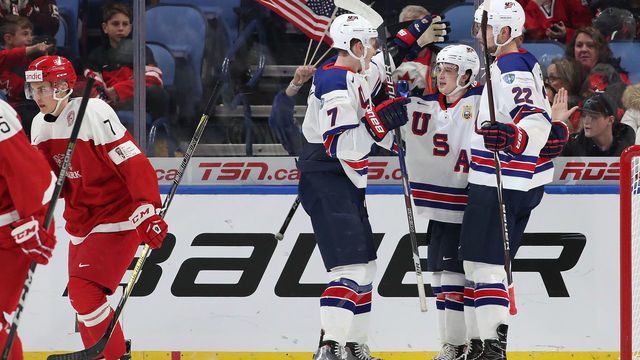 BUFFALO, NY - DECEMBER 26: Kailer Yamamoto #17 of United States celebrates his goal against Denmark with Brady Tkachuk #7 and Logan Brown #22 in the first period during the IIHF World Junior Championship at KeyBank Center on December 26, 2017 in Buffalo, New York.
