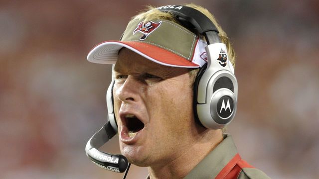 TAMPA, FL - AUGUST 23: Coach Jon Gruden of the Tampa Bay Buccaneers directs play against the Jacksonville Jaguars at Raymond James Stadium on August 23, 2008 in Tampa, Florida.