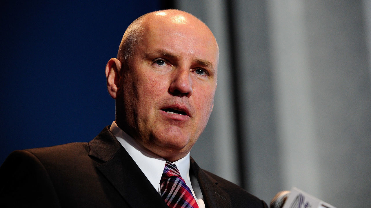 ST. LOUIS, MO - JANUARY 29: Doug Armstrong general manager of the St. Louis Blues talks at Martin Brodeurs retirement press conference at Scottrade Center on January 29, 2015 in St. Louis, Missouri.