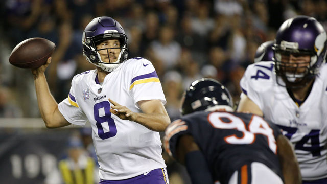 CHICAGO, IL - OCTOBER 09: Quarterback Sam Bradford #8 of the Minnesota Vikings looks to pass the football in the first quarter against the Chicago Bears at Soldier Field on October 9, 2017 in Chicago, Illinois.