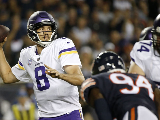 CHICAGO, IL - OCTOBER 09: Quarterback Sam Bradford #8 of the Minnesota Vikings looks to pass the football in the first quarter against the Chicago Bears at Soldier Field on October 9, 2017 in Chicago, Illinois.