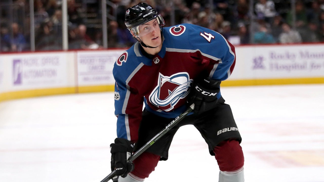 DENVER, CO - NOVEMBER 02: Tyson Barrie #4 of the Colorado Avalanche lines up a shot on goal against the Carolina Hurricanes at the Pepsi Center on November 2, 2017 in Denver, Colorado.