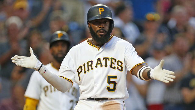 PITTSBURGH, PA - AUGUST 21: Josh Harrison #5 of the Pittsburgh Pirates reacts after hitting a solo home run in the third inning against the Los Angeles Dodgers at PNC Park on August 21, 2017 in Pittsburgh, Pennsylvania.