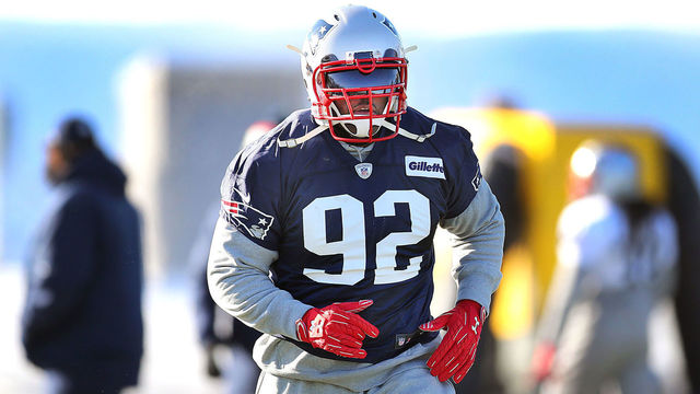 FOXBOROUGH, MA - DECEMBER 27: Newly-signed New England Patriot James Harrison runs during warmups at Patriots practice on the Gillette Stadium practice field in Foxborough, MA on Dec. 27, 2017.