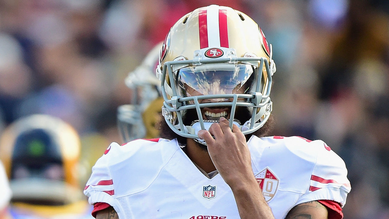 LOS ANGELES, CA - DECEMBER 24: Colin Kaepernick #7 of the San Francisco 49ers reacts after being sacked during the first quarter against the Los Angeles Rams at Los Angeles Memorial Coliseum on December 24, 2016 in Los Angeles, California.