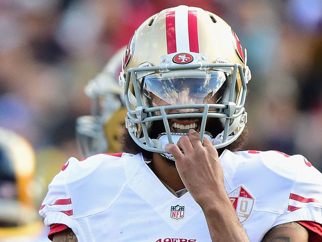LOS ANGELES, CA - DECEMBER 24: Colin Kaepernick #7 of the San Francisco 49ers reacts after being sacked during the first quarter against the Los Angeles Rams at Los Angeles Memorial Coliseum on December 24, 2016 in Los Angeles, California.