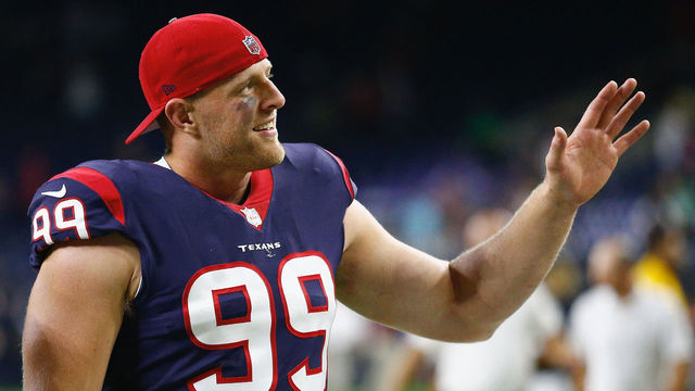 HOUSTON, TX - AUGUST 19: J.J. Watt #99 of the Houston Texans waves to fans as he leaves the field after the Houston Texans defeated the New England Patriots 27-23 at NRG Stadium on August 19, 2017 in Houston, Texas.