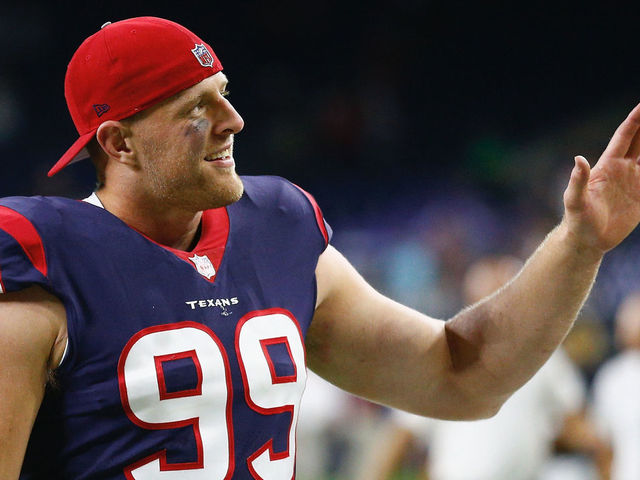 HOUSTON, TX - AUGUST 19: J.J. Watt #99 of the Houston Texans waves to fans as he leaves the field after the Houston Texans defeated the New England Patriots 27-23 at NRG Stadium on August 19, 2017 in Houston, Texas.