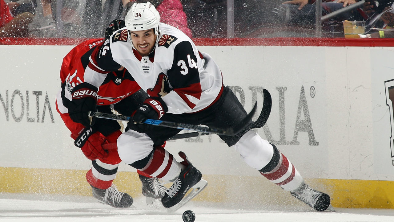 NEWARK, NJ - OCTOBER 28: Zac Rinaldo #34 of the Arizona Coyotes skates against the New Jersey Devils at the Prudential Center on October 28, 2017 in Newark, New Jersey. The Devils defeated the Senators 5-4 in the shoot out.