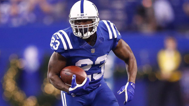 INDIANAPOLIS, IN - DECEMBER 14: Frank Gore #23 of the Indianapolis Colts runs with the ball against the Denver Broncos during the first half at Lucas Oil Stadium on December 14, 2017 in Indianapolis, Indiana.