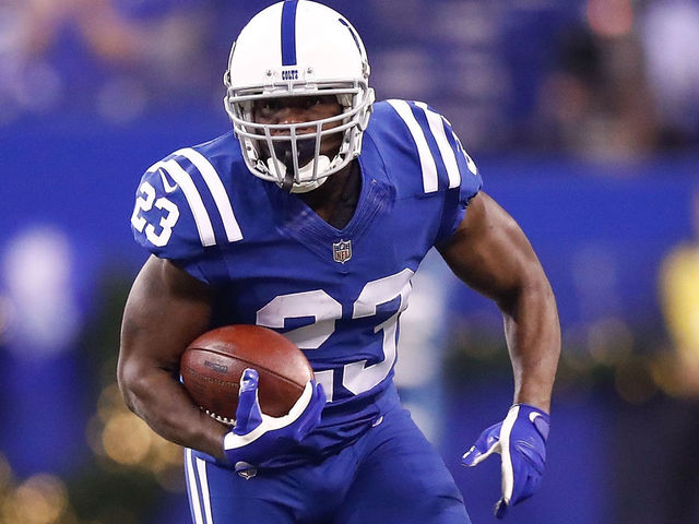 INDIANAPOLIS, IN - DECEMBER 14: Frank Gore #23 of the Indianapolis Colts runs with the ball against the Denver Broncos during the first half at Lucas Oil Stadium on December 14, 2017 in Indianapolis, Indiana.
