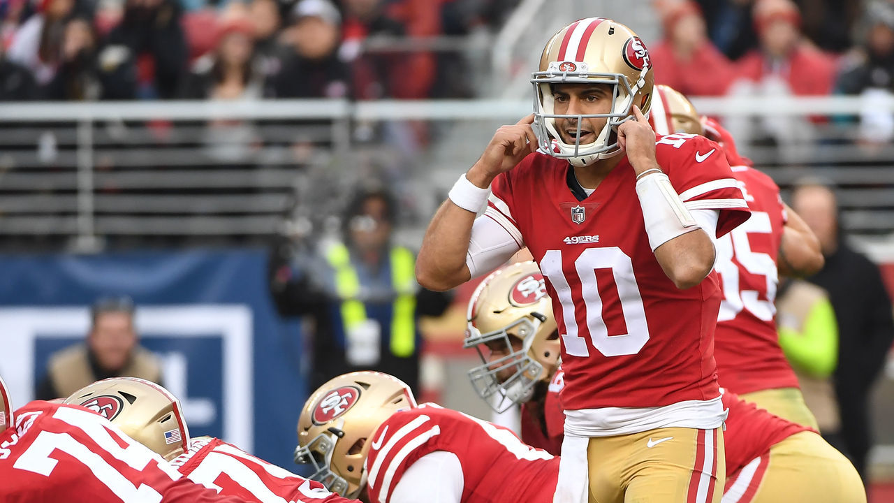 SANTA CLARA, CA - DECEMBER 24: Jimmy Garoppolo #10 of the San Francisco 49ers signalsto his team during their NFL game against the Jacksonville Jaguars at Levi's Stadium on December 24, 2017 in Santa Clara, California.