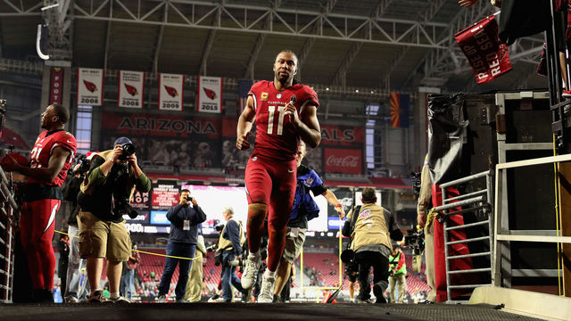 GLENDALE, AZ - DECEMBER 24: Wide receiver Larry Fitzgerald #11 of the Arizona Cardinals runs off the field following the NFL game against the New York Giants at the University of Phoenix Stadium on December 24, 2017 in Glendale, Arizona. The Arizona Cardinals won 23-0.