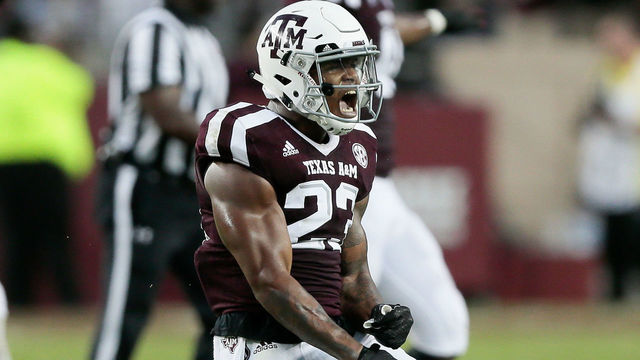 COLLEGE STATION, TX - OCTOBER 07: Armani Watts #23 of the Texas A&M Aggies reacts after making a tackle on Jalen Hurts #2 of the Alabama Crimson Tide in the first quarter at Kyle Field on October 7, 2017 in College Station, Texas.