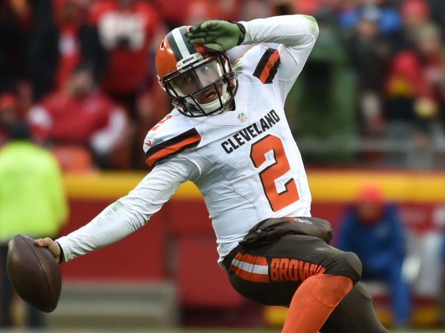 KANSAS CITY, MO - DECEMBER 27: Johnny Manziel #2 of the Cleveland Browns fights his way out of a tackle attempt from Derrick Johnson #56 of the Kansas City Chiefs at Arrowhead Stadium during the fourth quarter of the game on December 27, 2015 in Kansas City, Missouri.