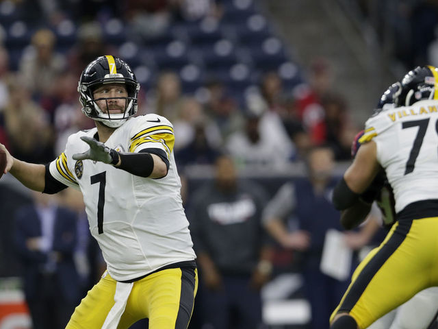 HOUSTON, TX - DECEMBER 25: Ben Roethlisberger #7 of the Pittsburgh Steelers looks to pass in the first quarter as Alejandro Villanueva #78 blocks Jadeveon Clowney #90 of the Houston Texans at NRG Stadium on December 25, 2017 in Houston, Texas.