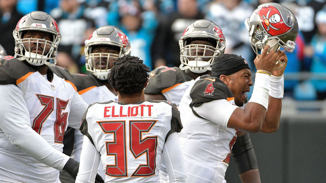 CHARLOTTE, NC - DECEMBER 24: Jameis Winston #3 of the Tampa Bay Buccaneers reacts after fumbling during the final minute of their game against the Carolina Panthers at Bank of America Stadium on December 24, 2017 in Charlotte, North Carolina.