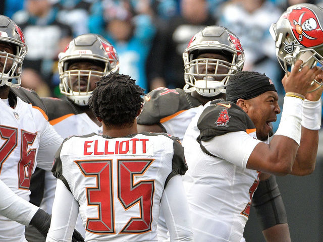 CHARLOTTE, NC - DECEMBER 24: Jameis Winston #3 of the Tampa Bay Buccaneers reacts after fumbling during the final minute of their game against the Carolina Panthers at Bank of America Stadium on December 24, 2017 in Charlotte, North Carolina.