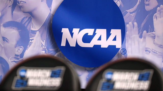 SALT LAKE CITY, UT - MARCH 16: The NCAA logo is seen in the second half of the game between the Northwestern Wildcats and the Vanderbilt Commodores during the first round of the 2017 NCAA Men's Basketball Tournament at Vivint Smart Home Arena on March 16, 2017 in Salt Lake City, Utah.