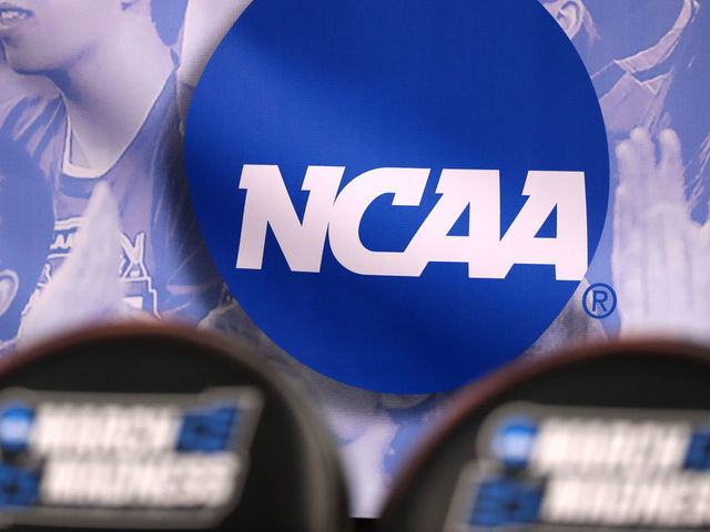 SALT LAKE CITY, UT - MARCH 16: The NCAA logo is seen in the second half of the game between the Northwestern Wildcats and the Vanderbilt Commodores during the first round of the 2017 NCAA Men's Basketball Tournament at Vivint Smart Home Arena on March 16, 2017 in Salt Lake City, Utah.