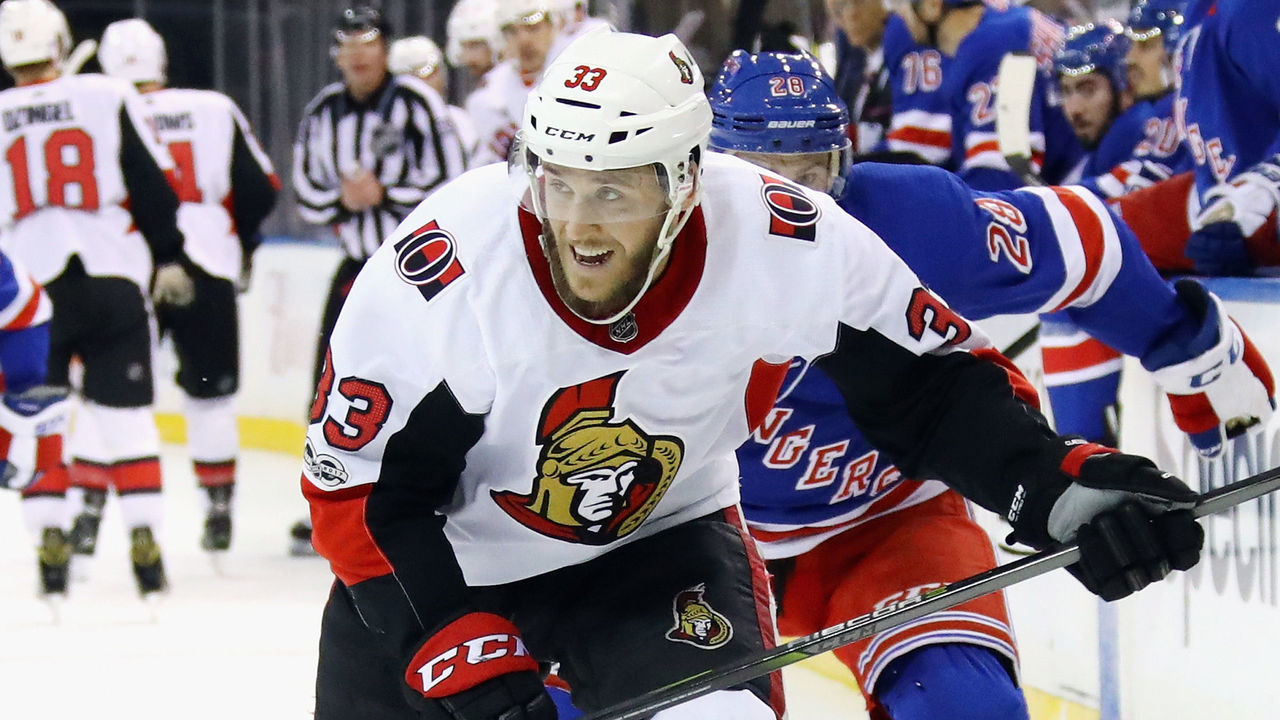 NEW YORK, NY - NOVEMBER 19: Fredrik Claesson #33 of the Ottawa Senators skates against the New York Rangers at Madison Square Garden on November 19, 2017 in New York City. The Rangers shutout the Senators 3-0.