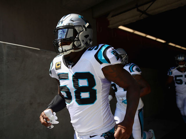 SANTA CLARA, CA - SEPTEMBER 10: Thomas Davis #58 of the Carolina Panthers runs on to the field to warm up before their game against the San Francisco 49ers at Levi's Stadium on September 10, 2017 in Santa Clara, California.