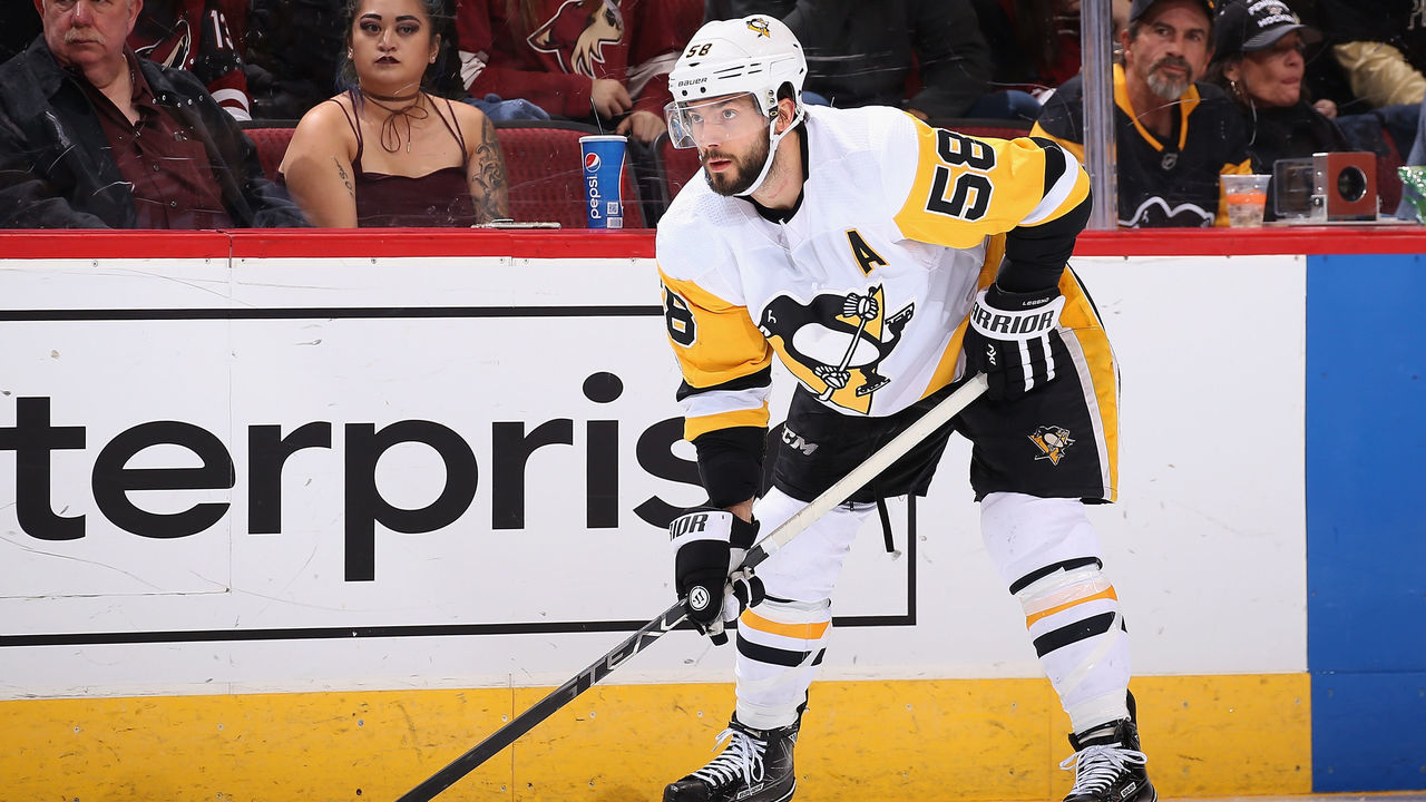 GLENDALE, AZ - DECEMBER 16: Kris Letang #58 of the Pittsburgh Penguins during the NHL game against the Arizona Coyotes at Gila River Arena on December 16, 2017 in Glendale, Arizona. The Penguins defeated the Coyotes 4-2.