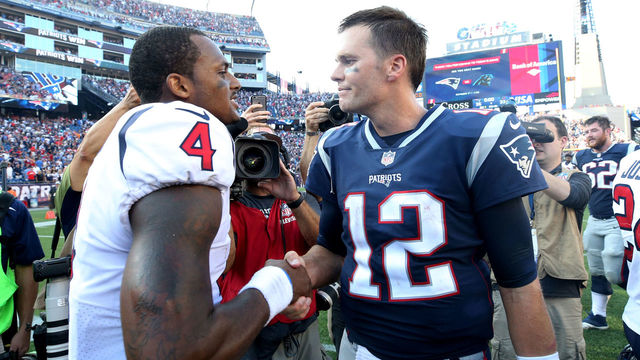 FOXBORO, MA - SEPTEMBER 24: Tom Brady #12 of the New England Patriots shakes hands with Deshaun Watson #4 of the Houston Texans after the Patriots defeat the Texans 36-33 at Gillette Stadium on September 24, 2017 in Foxboro, Massachusetts.