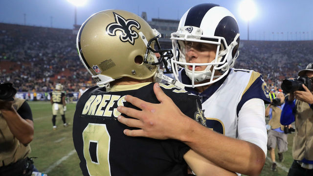 LOS ANGELES, CA - NOVEMBER 26: Jared Goff #16 of the Los Angeles Rams shakes hands with Drew Brees #9 of the New Orleans Saints after a game at Los Angeles Memorial Coliseum on November 26, 2017 in Los Angeles, California. The Los Angeles Rams defeated the New Orleans Saints 26-20.
