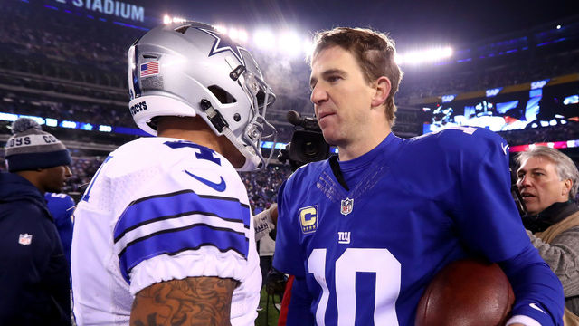 EAST RUTHERFORD, NJ - DECEMBER 11: Eli Manning #10 of the New York Giants shakes hands with Dak Prescott #4 of the Dallas Cowboys after their game at MetLife Stadium on December 11, 2016 in East Rutherford, New Jersey. The New York Giants defeated the Dallas Cowboys with a score of 10 to 7.